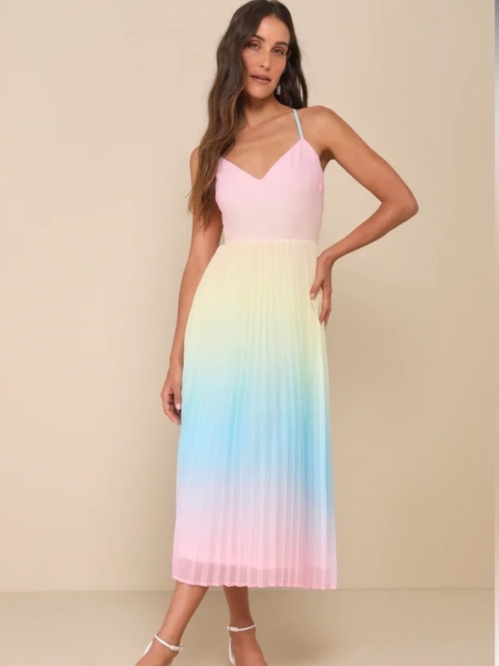 Lulu's Pastel Ombre Pleated Midi Dress - Pink, Yellow, Blue